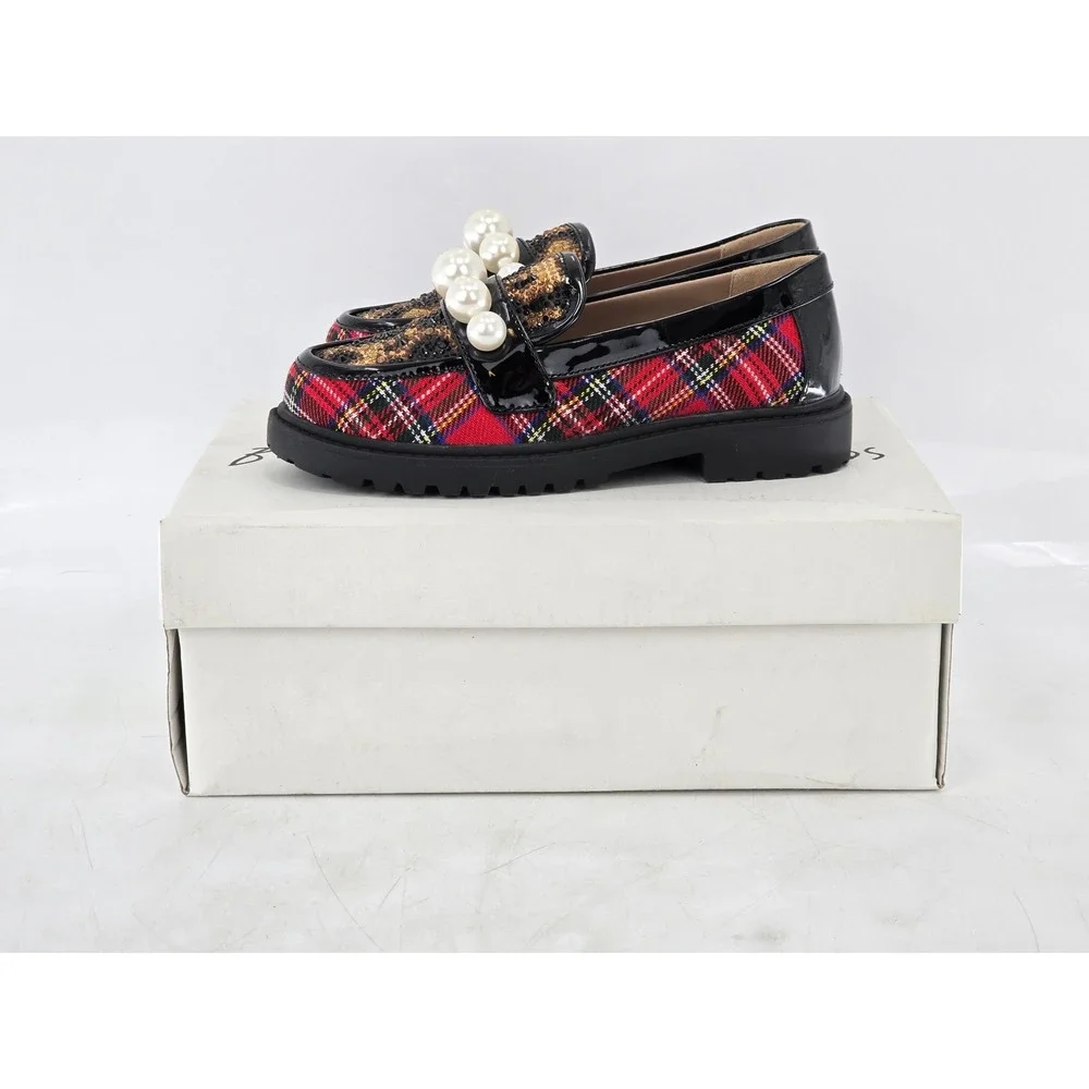 Betsey Johnson Harlo Loafers Kids 13 Red Plaid Leopard Pearl - Excellent